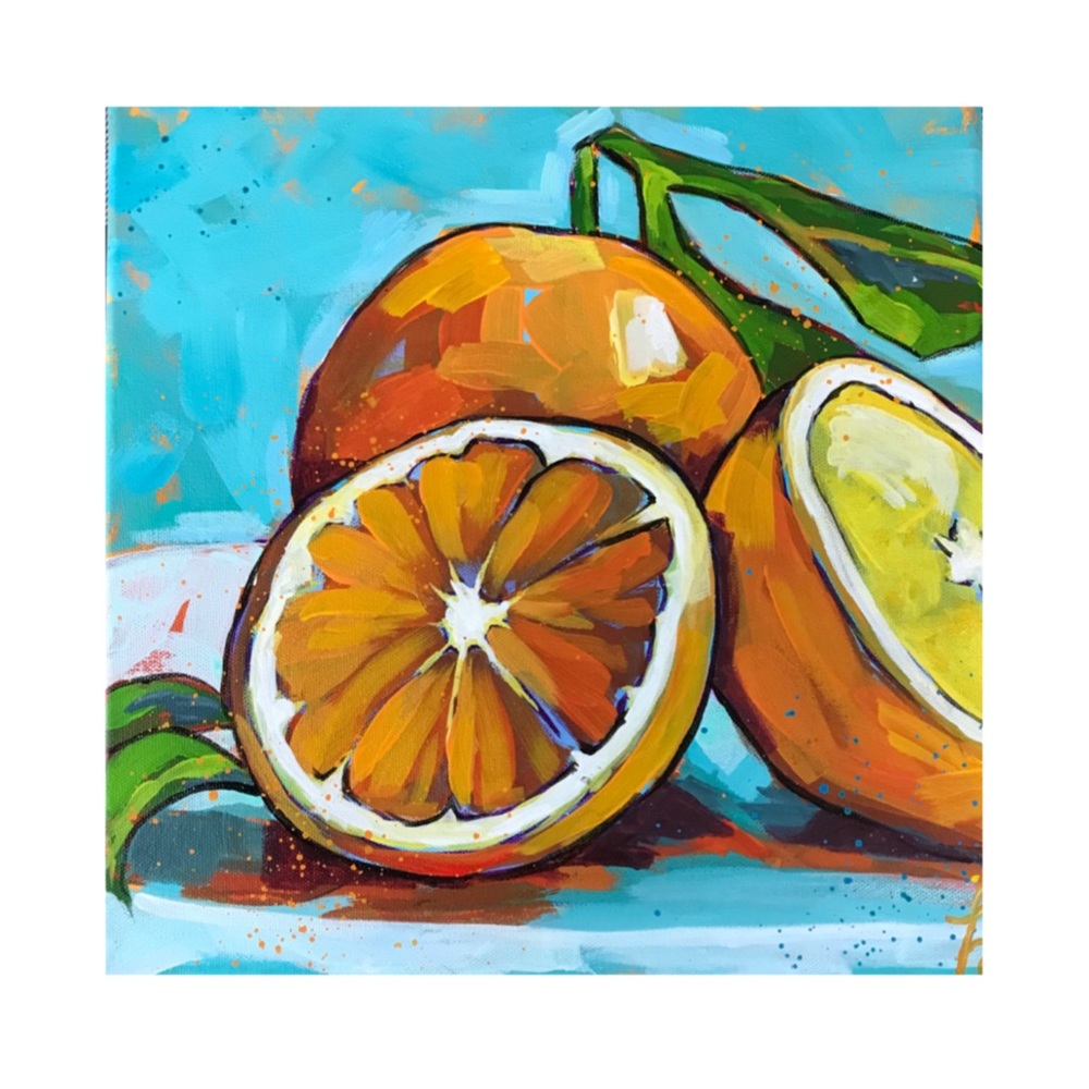 Colorful canvas painting of oranges.